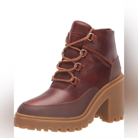 Nib Sperry Pretty Tough Tan High Heeled Ankle Booties Waterproof Leather - Picture 1 of 12